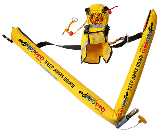 Yellow inflated rescue collar deployed from QuickCollar bag, unbuckled from rope bag with rescue rope coming out